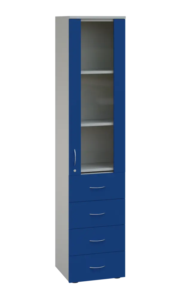 LE - 44 skříň léková prosklená, pravá, korpus šedý, dvířka královská modř